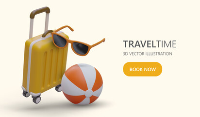 Color template for PPC advertising. Travel services from professional. Poster with text, realistic objects, jump button. Modern ads of active recreation