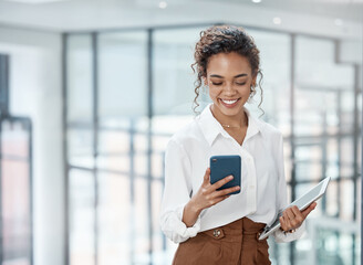 Business, woman and reading on mobile phone with tablet at the office with a smile for online...