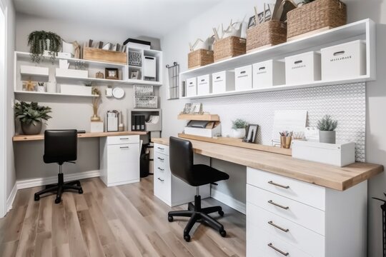 home office with completely organized and functional work space, including efficient and stylish storage solutions, created with generative ai