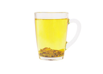 Green tea in a transparent glass cup. Cup isolated on a white background.