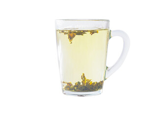 Green tea infusing in a transparent cup. Cup isolated on a white background.