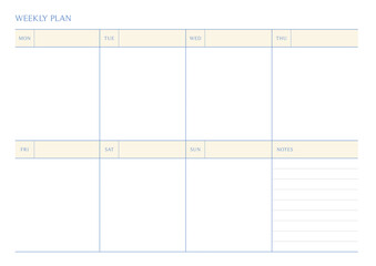 Fototapeta na wymiar A weekly plan design template in a modern, simple, and minimalist style. Note, scheduler, diary, calendar, planner document template illustration.