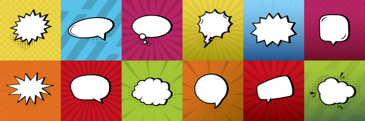 Set of comic bubble speech clouds with halftone shadows. Pop art retro cartoon stickers. Vector illustration