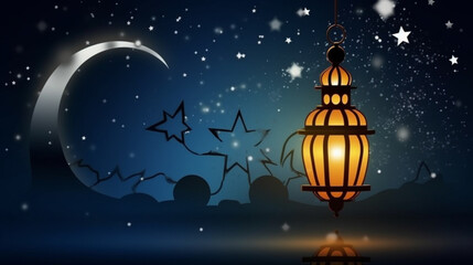Naklejka premium islamic background with moon lanterns and mosque for ramadan eid ul fitr and eid al adha eid milad muharram generative ai