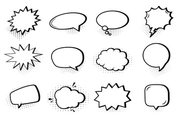 Fototapeta premium Set of comic bubble speech clouds with halftone shadows. Pop art retro cartoon stickers. Vector illustration