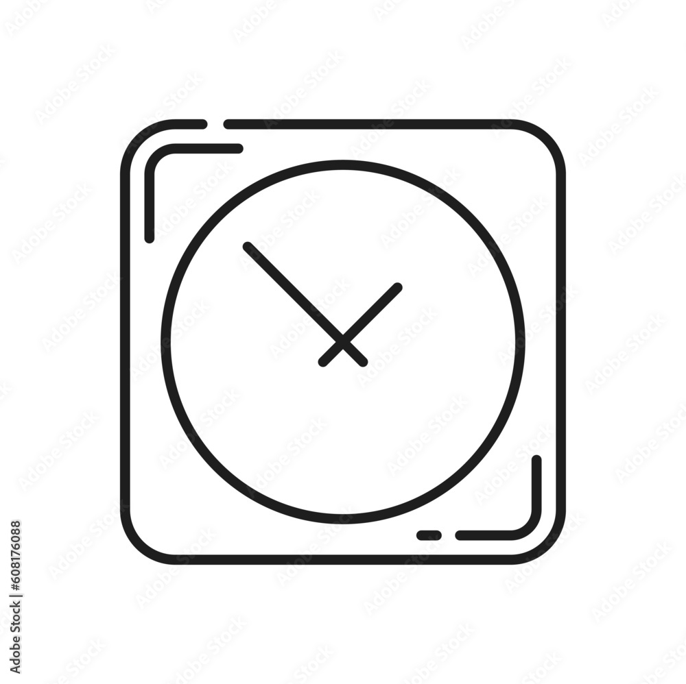 Poster retro alarm stopwatch isolated clock timer outline icon. vector watch face with vintage square dial.