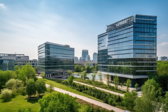 modern office building with view of the city skyline, surrounded by green park, created with generative ai