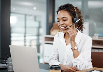 Call center, telemarketing and woman with a smile, help and advice with customer service, laptop or...
