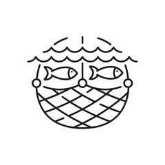 Fish trap net container isolated outline icon. Vector fishing industry equipment. Fishers gear for saving fresh fish. Seafood emblem