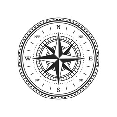 Compass wind rose, vintage map with north star arrow, vector nautical travel old icon. Marine navigation and sailing adventure compass with wind rose direction in east and west, cartography symbol © Vector Tradition