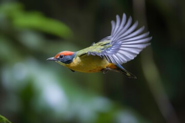 colorful bird in flight, with view of green forest visible in the background, created with generative ai