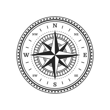 Compass wind rose, vintage map with north star arrow, vector nautical travel old icon. Marine navigation and sailing adventure compass with wind rose direction in east and west, cartography symbol