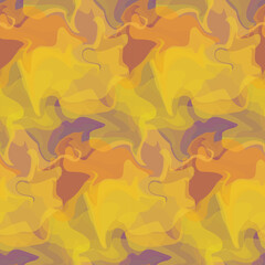 Abstract fluid seamless pattern in purple, orange and yellow. Colorful liquid psychedelic texture