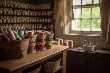 Fototapeta na wymiar sewing room, with baskets of colorful thread and fabric rolls, created with generative ai