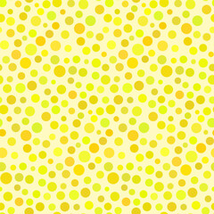 Abstract dotted seamless pattern. Orange, light green, yellow dots, small circles on beige background. Simple geometric retro design