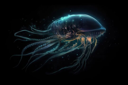 deep-sea creature swimming in the darkness with its bioluminescent lights shining, created with generative ai