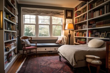 cozy reading nook with floor-to-ceiling bookshelves, cozy armchair and window seat, created with generative ai