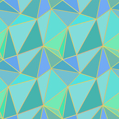 Low polygonal seamless pattern. Abstract geometric background of turquoise, teal, green, blue triangles with gold and yellow edges