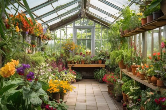 greenhouse filled with colorful, exotic plants and flowers, created with generative ai