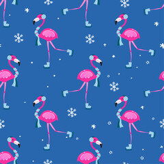 Cute Flamingo pattern for Christmas - Adorable flamingo, snow flakes, illustration. Hand drawn wallpaper. Good for textiles, nursery, wallpaper, clothes. Merry Christmas gift wrapping paper