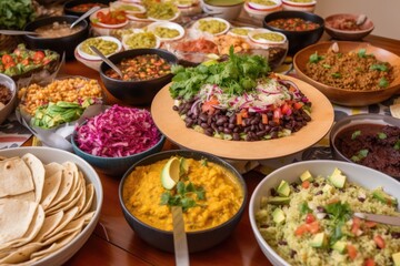 Fototapeta premium feast of plant-based and vegan cuisine with burritos, rice bowls, and tacos, created with generative ai