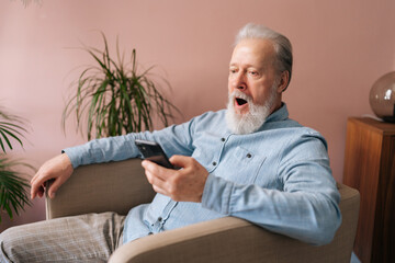 Portrait of happy excited gray-haired mature male holding smartphone using mobile online app, cheerful looking to screen with open mouth sitting on armchair. Bearded older man enjoying social media.