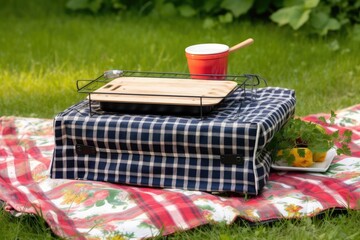 portable grill on picnic blanket, surrounded by greenery, created with generative ai