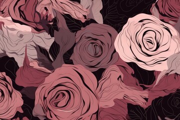 Abstract rose pattern in shades of rose and black, Generative ai