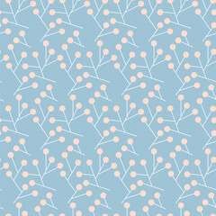Simple geometric floral seamless pattern. White branches with light orange beriies or flowers on gray-blue background. Retro textile design
