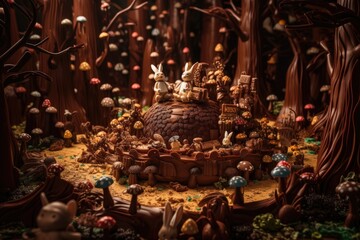 Fototapeta na wymiar a whimsical and magical chocolate forest, with minifigure characters and other charming confections to explore, created with generative ai