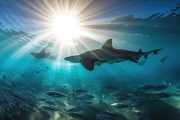 shark swimming past school of rays in peaceful underwater scene, created with generative ai