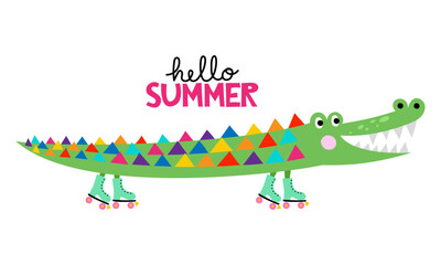 Hello Summer - funny hand drawn doodle, cartoon alligator with roller skate. Good for Poster or t-shirt textile graphic design. Vector hand drawn illustration.