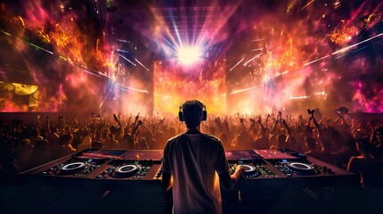 A fictional person.  Energetic DJ Performance on a Grand Stage with Vibrant Lights