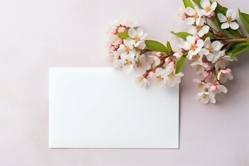 Summer wedding stationery with cherry blossom brunch. Blank greeting card invitation mockup on the table. Generative AI