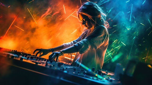 A fictional person.  : Captivating Female DJ Commanding the Stage