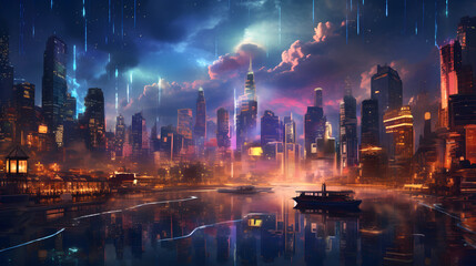  Visualize the power of artificial intelligence through a futuristic cityscape 