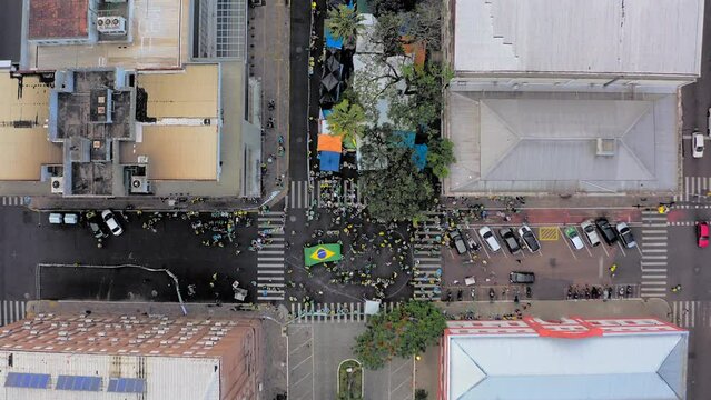 Drone view of protests by the supporters of the Brazilian ex president Jair Bolsonaro in front of the Army Head Quarters of Porto Alegre, Brazil asking for federal intervention after Lula  election