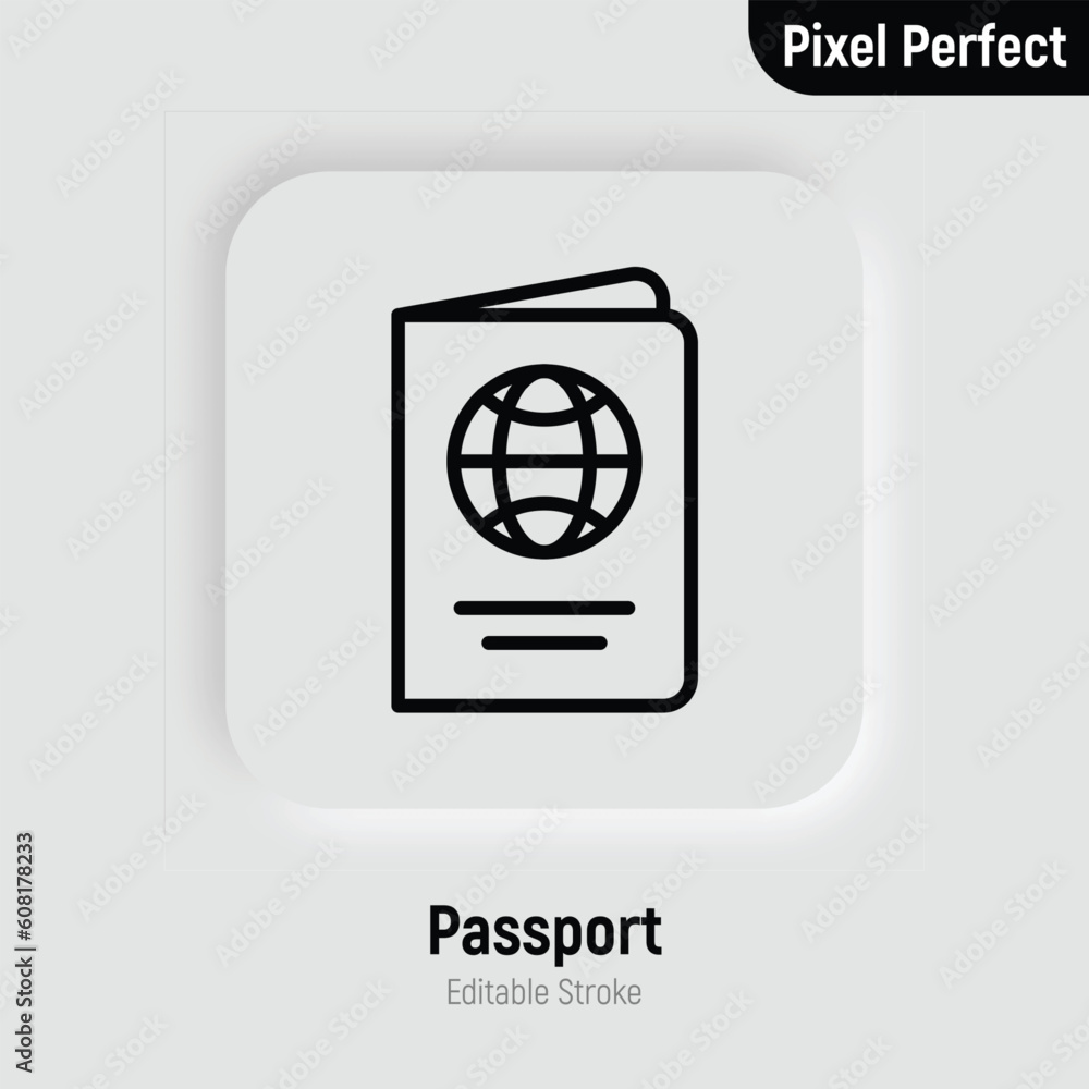 Poster passport with globe thin line icon. pixel perfect, editable stroke. modern vector illustration of id