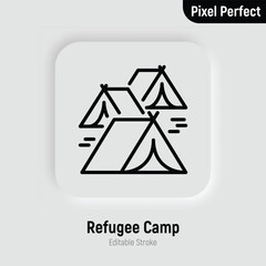 Refugee camp, tents thin line icon. Editable stroke. Modern vector illustration.