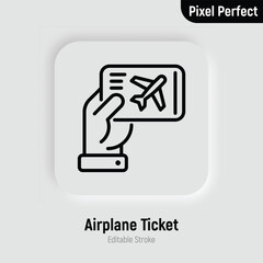 One way ticket on airplane in hand thin line icon. Editable stroke. Modern vector illustration.