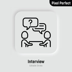 Interview thin line icon. Employment, hr, meeting, one person answers the questions. Editable stroke. Vector illustration.