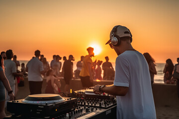 Dj mixing outdoor at beach party festival with crowd of people at sunset. Generative ai