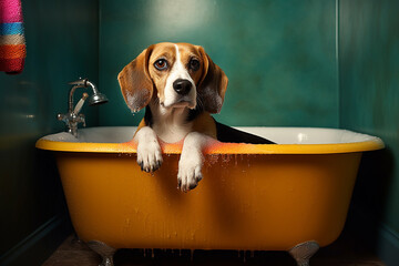 Dog taking a bubble bath in grooming salon. Generative ai.