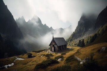 serene mountain chapel, surrounded by misty clouds and towering peaks, created with generative ai