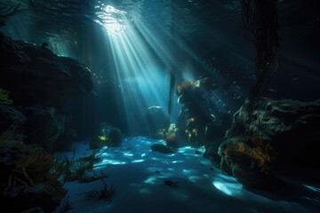 underwater cave with shimmering light, created by bioluminiscent organisms, created with generative ai