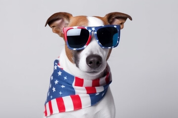 Fototapeta na wymiar Happy jack russell terrier celebrating independence day 4th of july with usa flag. Generative ai.