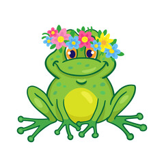Little funny frog sits in a flower wreath. Isolated on white background. In cartoon style. Vector illustration