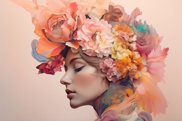 Abstract contemporary art collage portrait of young woman with flowers, retro colors. Generative ai.