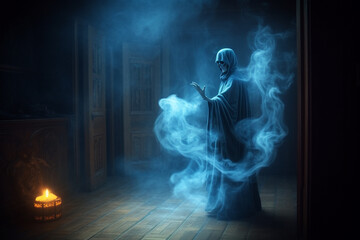 Naklejka premium Grim reaper in haunted, creepy house. Generative ai