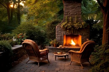 Fototapeta na wymiar Backyard fireplace chairs terrace. Generate Ai
